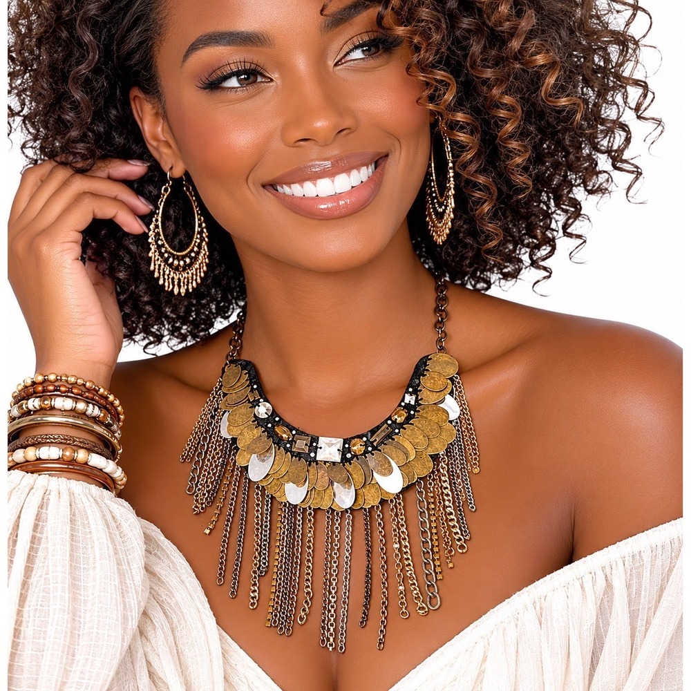 Express Bib Necklace Metallic Discs Fringe Chain Mixed Metal Boho 103-165